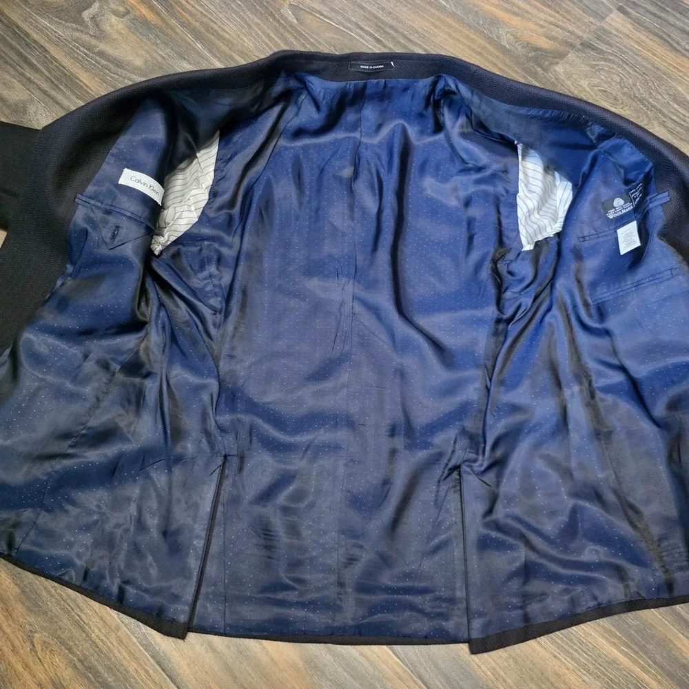 Calvin Klein Mens‎ Navy Blue Herringbone 100% Wool 3-Button Blazer Jacket Canada